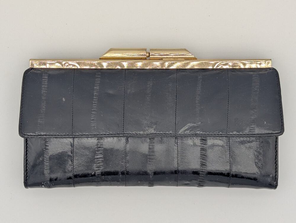 💜Vintage 1980s Black Genuine Eel Skin Kiss-Lock Clutch Wallet